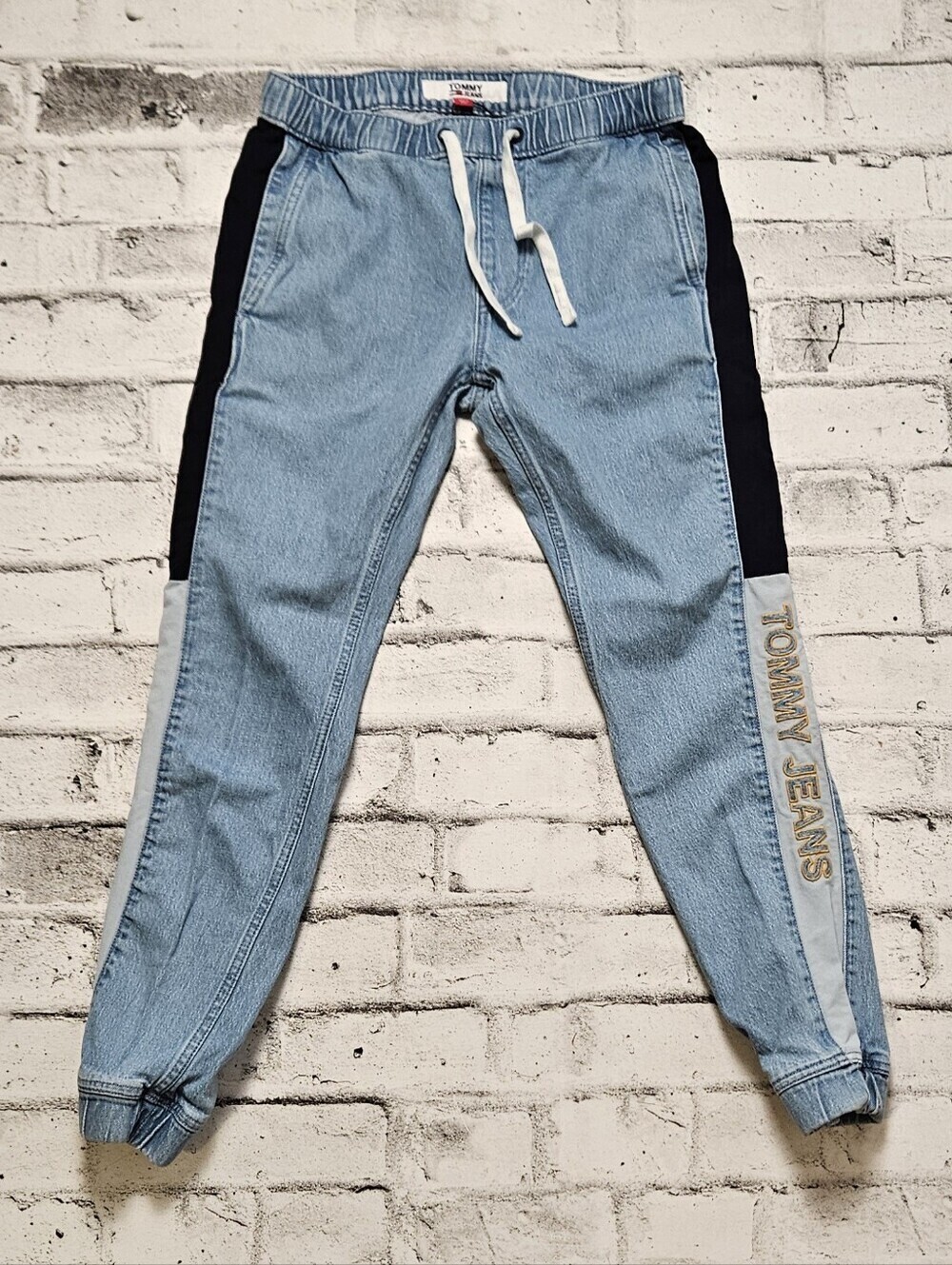 Tommy Jeans Mens XS Light Wash Denim Joggers Logo Stripe Drawstring Pants